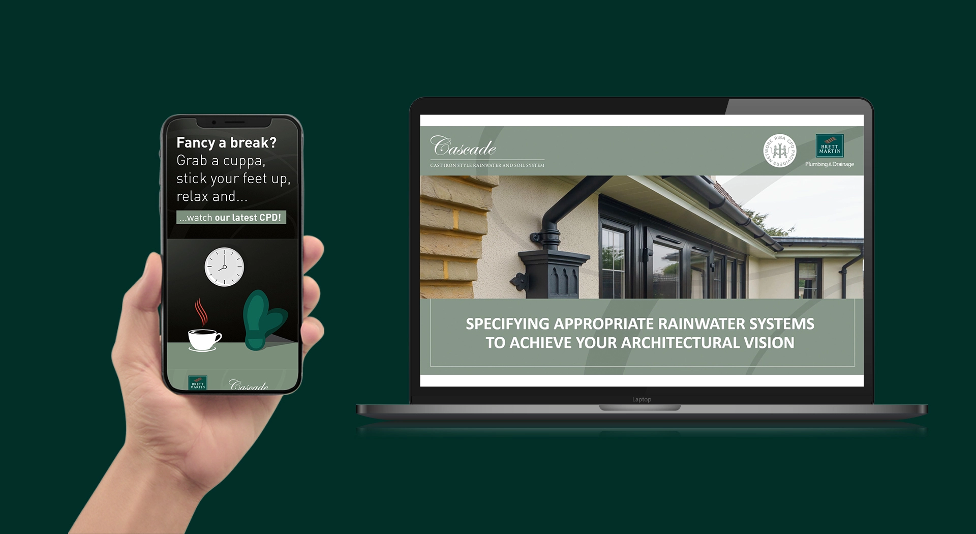 Image of a laptop and mobile phone screen showing Brett Martin's cascade online CPD