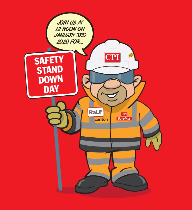 Illustrations of CPI's character, RaLF climbing up a ladder, climbing over a wall and walking along in full PPE clothing