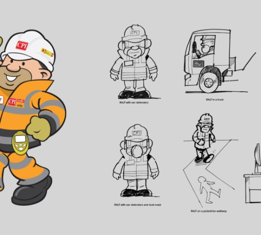 Illustrations of CPI's character, RaLF climbing up a ladder, climbing over a wall and walking along in full PPE clothing