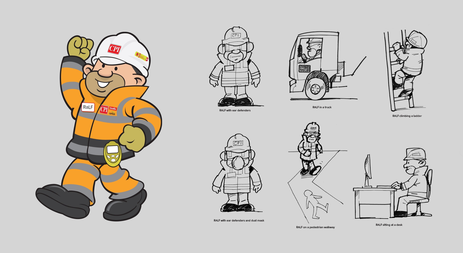 Illustrations of CPI's character, RaLF climbing up a ladder, climbing over a wall and walking along in full PPE clothing
