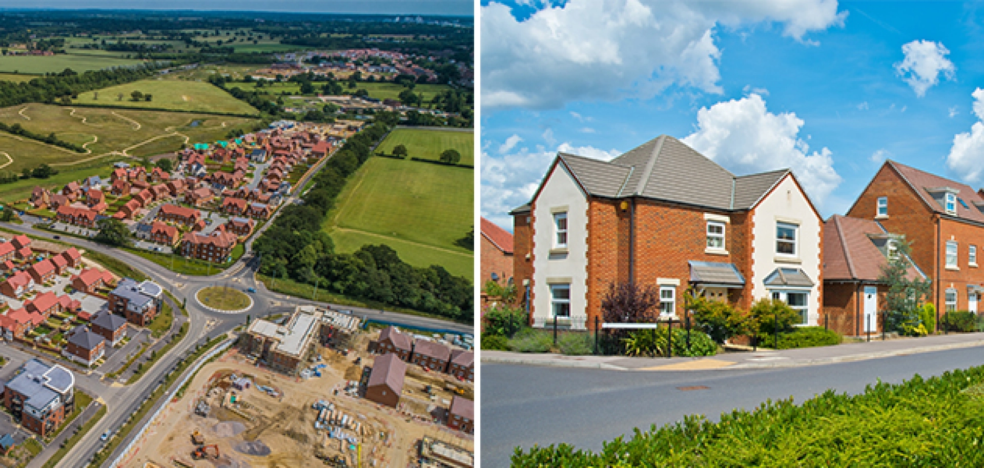 Aerial shot of modern housing development and close-up images of modern houses