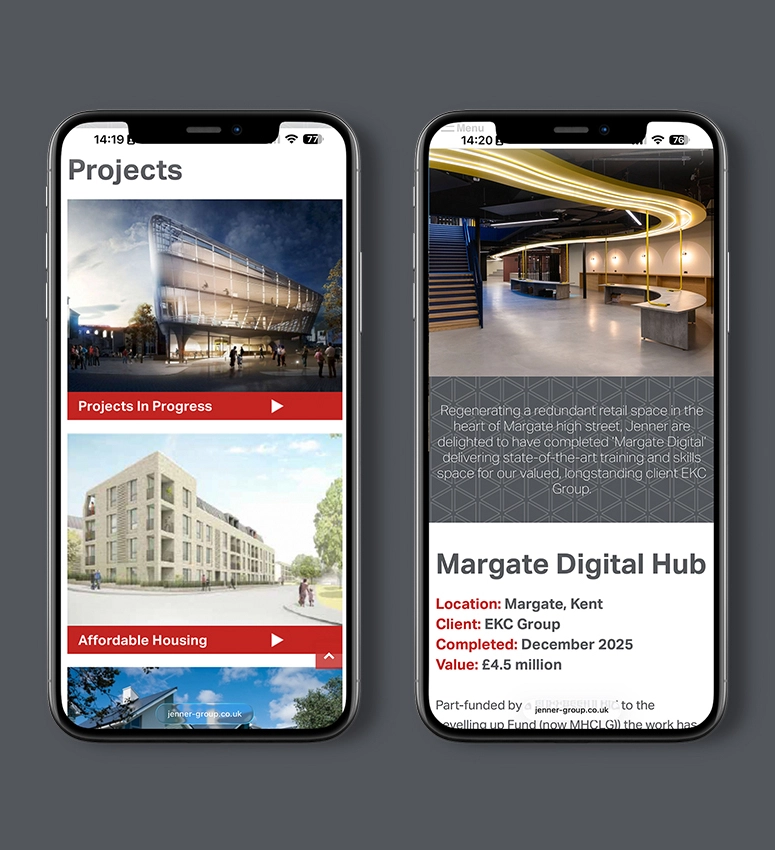 Mobile and desktop images of contractor, Jenner Group's new website created by Fabrick's digital website design and build team