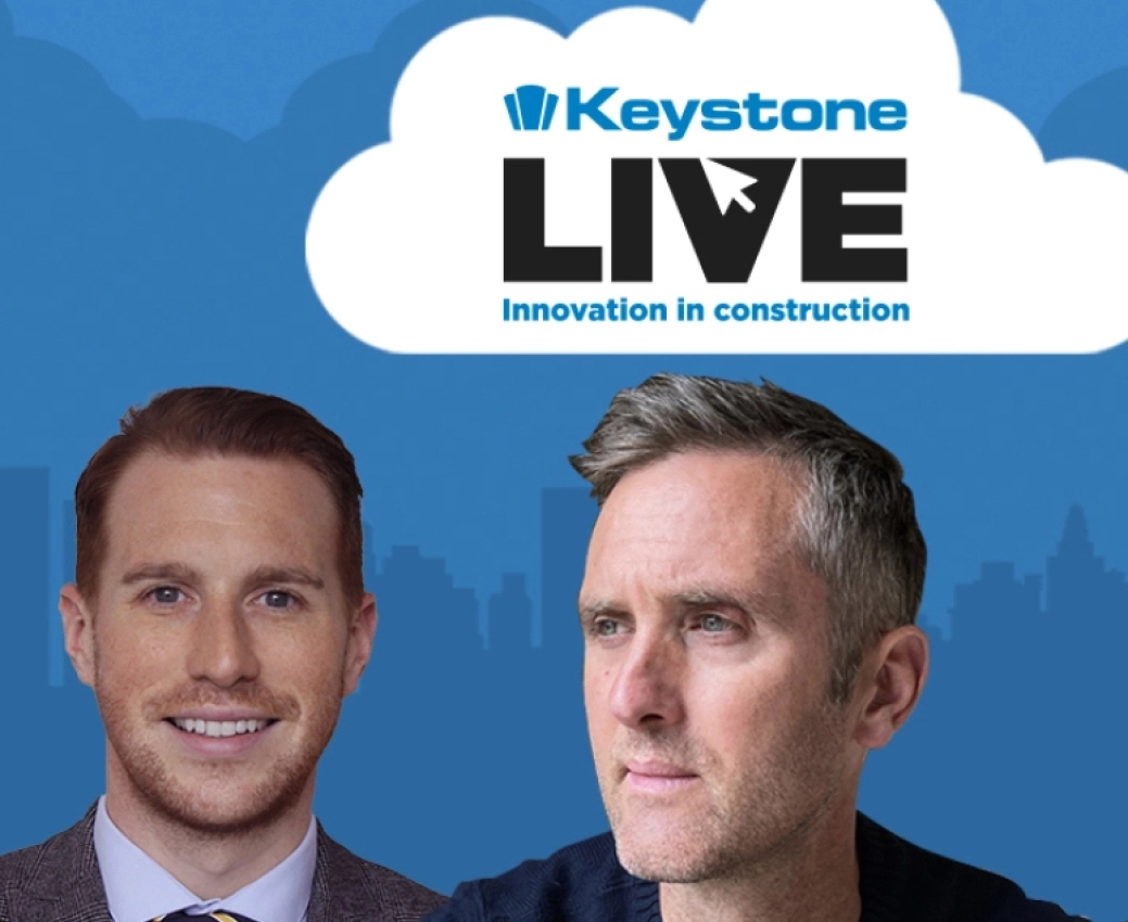 Blue background with several cut-out images of construction industry experts. Above the cut-outs is a white cloud displaying the Keystone Live logo inside it.