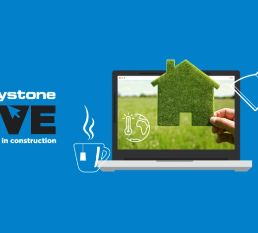 Blue background with a white cloud displaying the Keystone Live logo. House made from grass and a cut-out of a commercial building