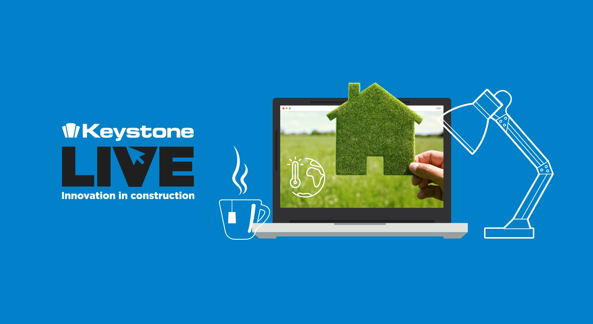 Blue background with a white cloud displaying the Keystone Live logo. House made from grass and a cut-out of a commercial building