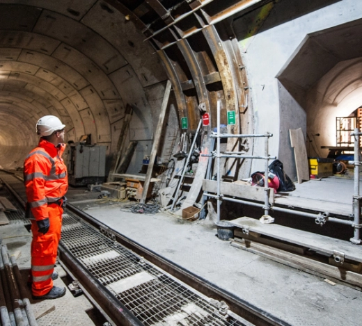 Site employees of civil engineering and construction company, J.Murphy & Sons working in an underground tunnel