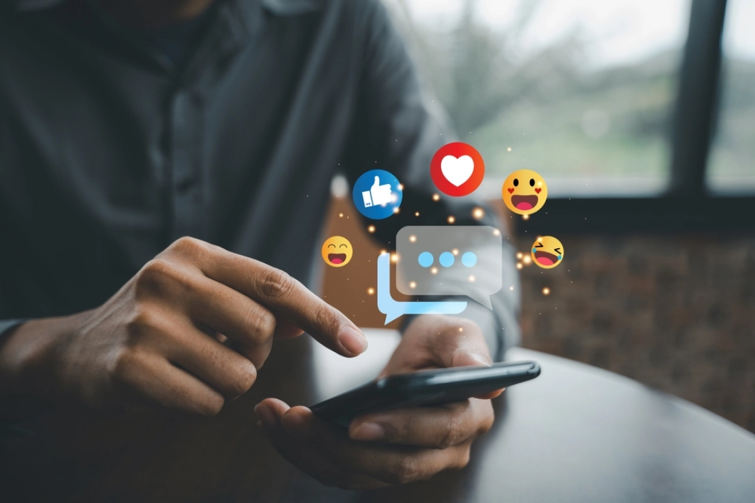 Social media icons and construction buildings