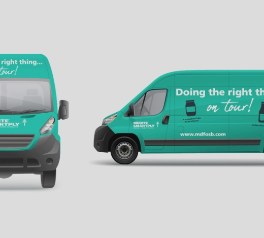 Branded images of MEDITE SMARTPLY's van, pop-up banners and social media infographics used to promote the UK and Ireland 'doing the right thing' tour