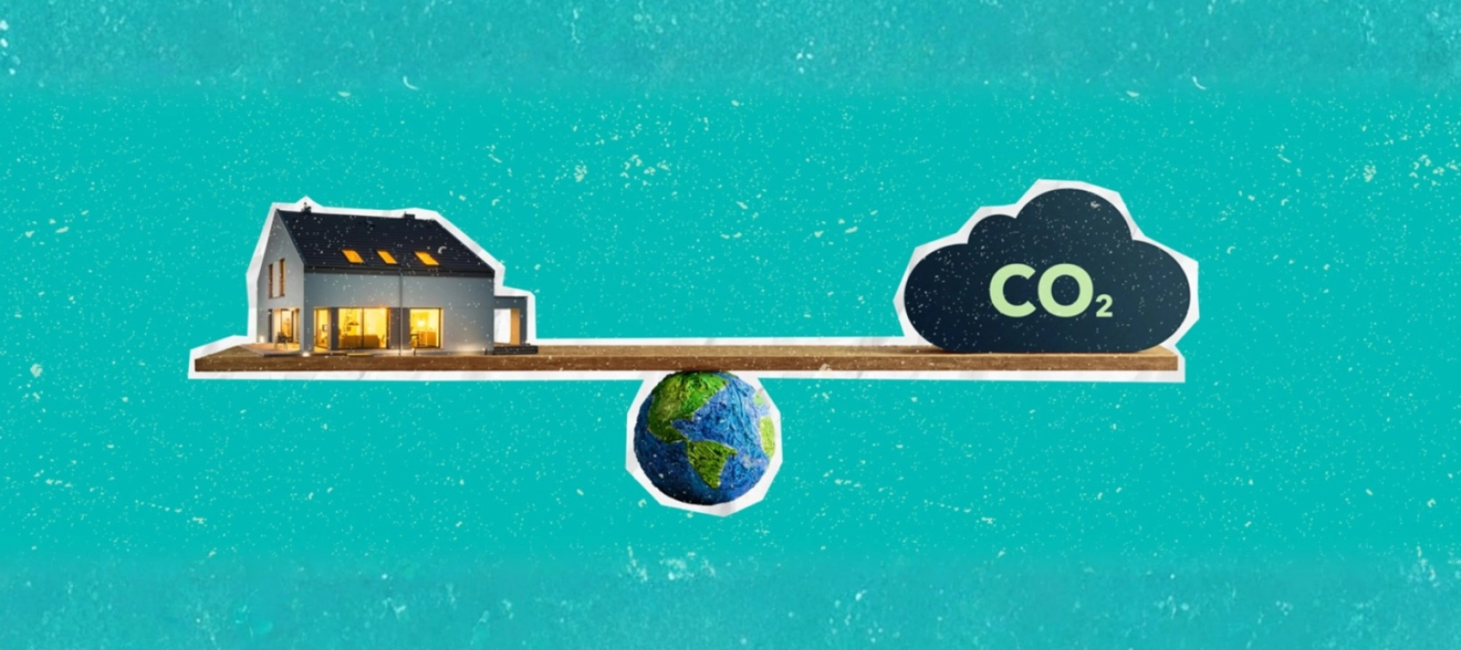 House and CO2 cloud balancing on a wooden plank above the world globe
