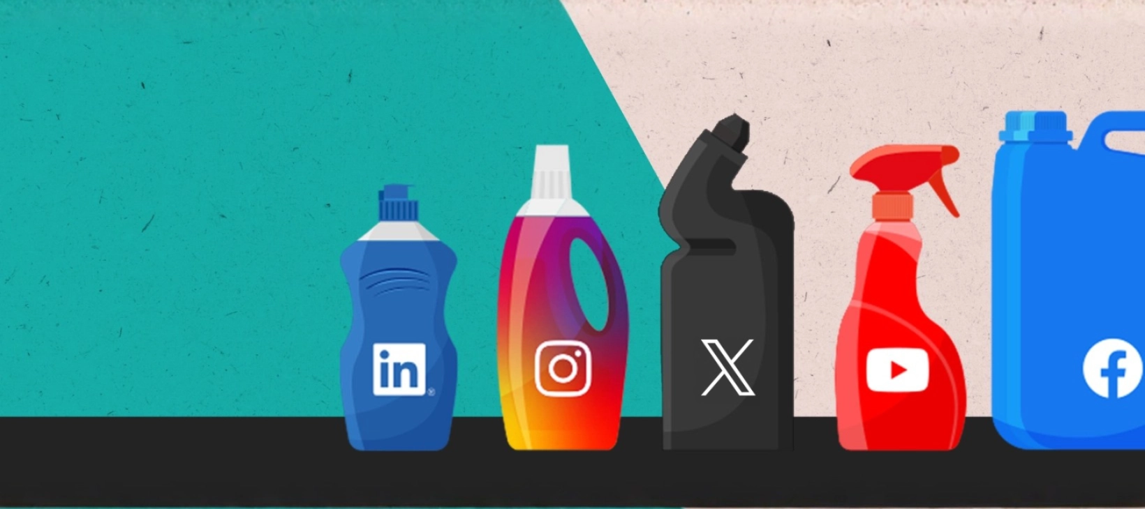 A number of cleaning product bottles of various sizes with social media logos added