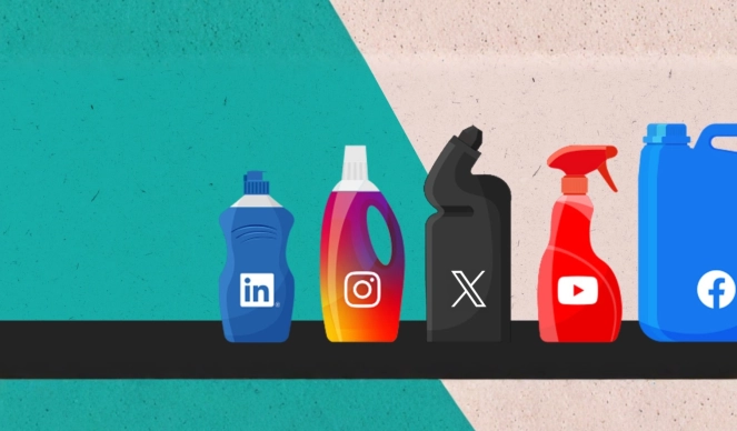A number of cleaning product bottles of various sizes with social media logos added