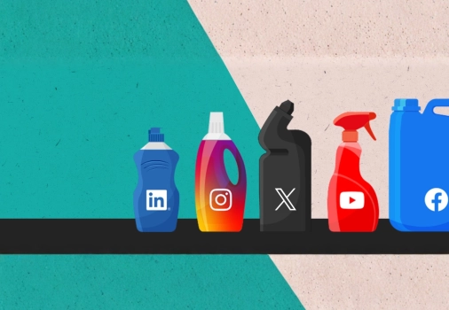 A number of cleaning product bottles of various sizes with social media logos added