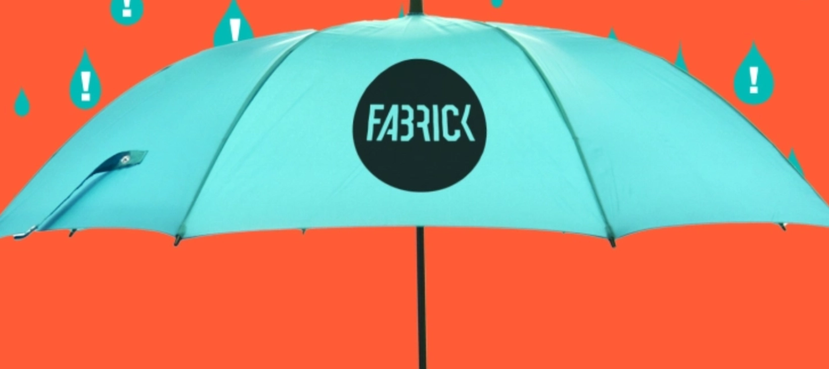 A blue Fabrick branded umbrella set against an orange background with blue rain drops falling