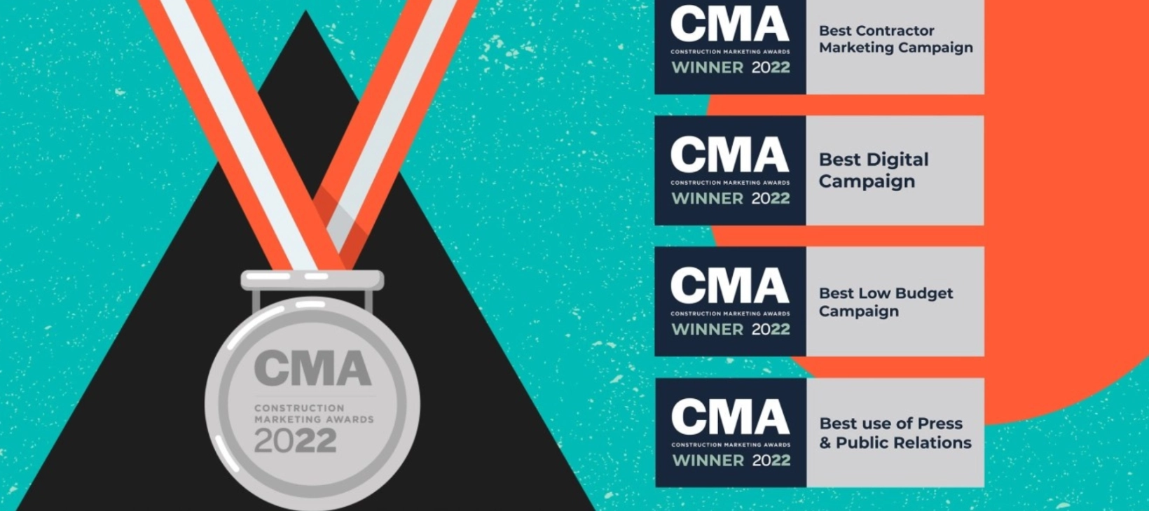 A medal and four Construction Marketing Awards 2022 logos