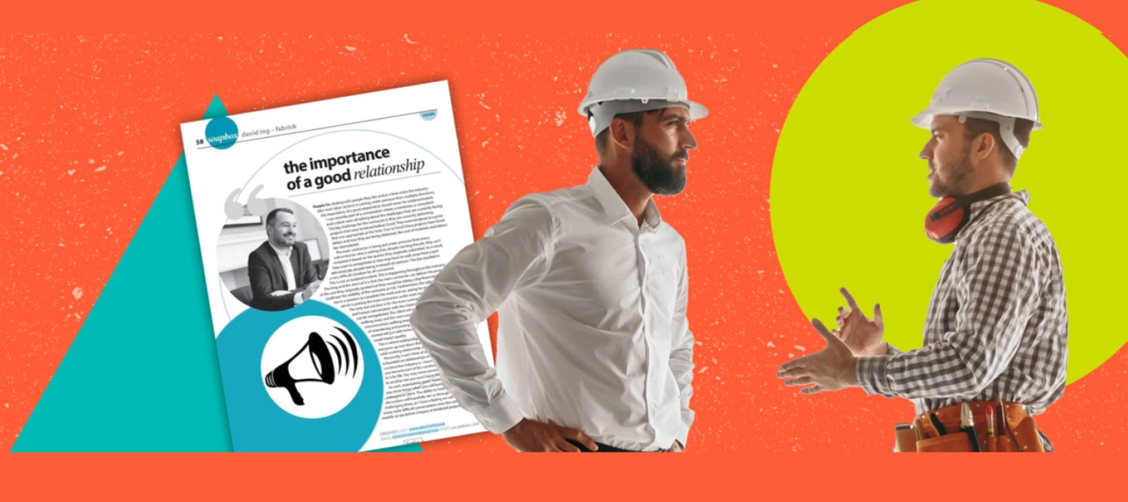 Two construction workers having a discussion with a copy of ABC+D magazine in the background