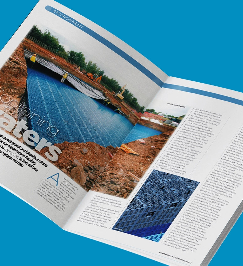 Publication showing a PR feature for Wavin and a building site with two site workers wearing PPE