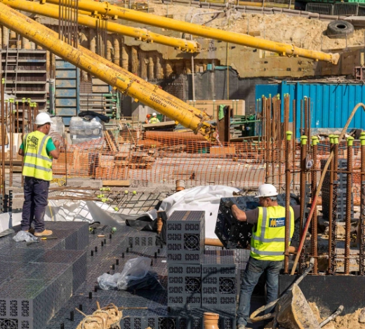 Publication showing a PR feature for Wavin and a building site with two site workers wearing PPE